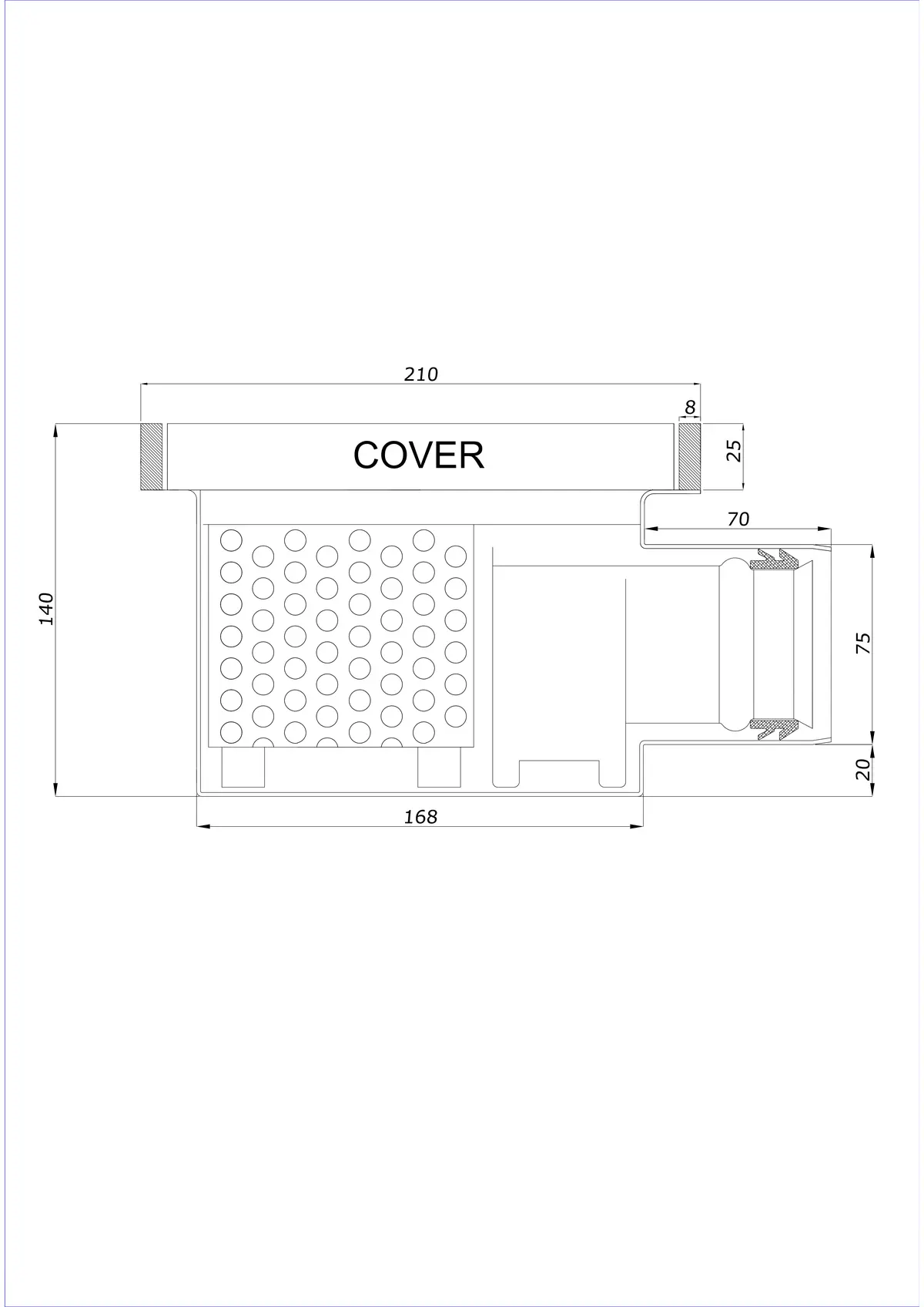 Gulvafløb BK_KROB 210 DN 75 med kant 25x8mm - Enkelt horisontal