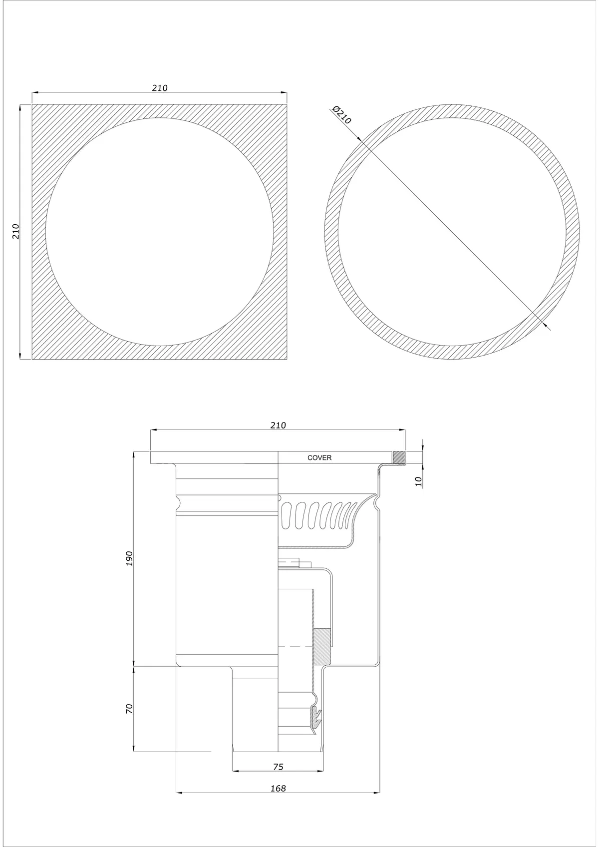 Gulvafløb BK_KRDO 210/210x210 DN 75 - Enkelt lodret - Rund/Firkantet version