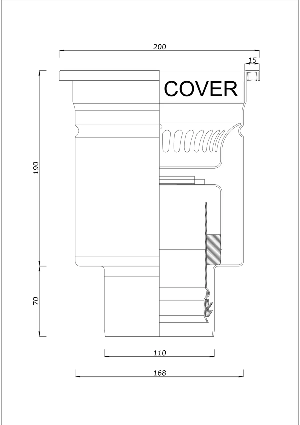Gulvafløb BK_KRD 200x200 DN 110 - Enkeltstående lodret