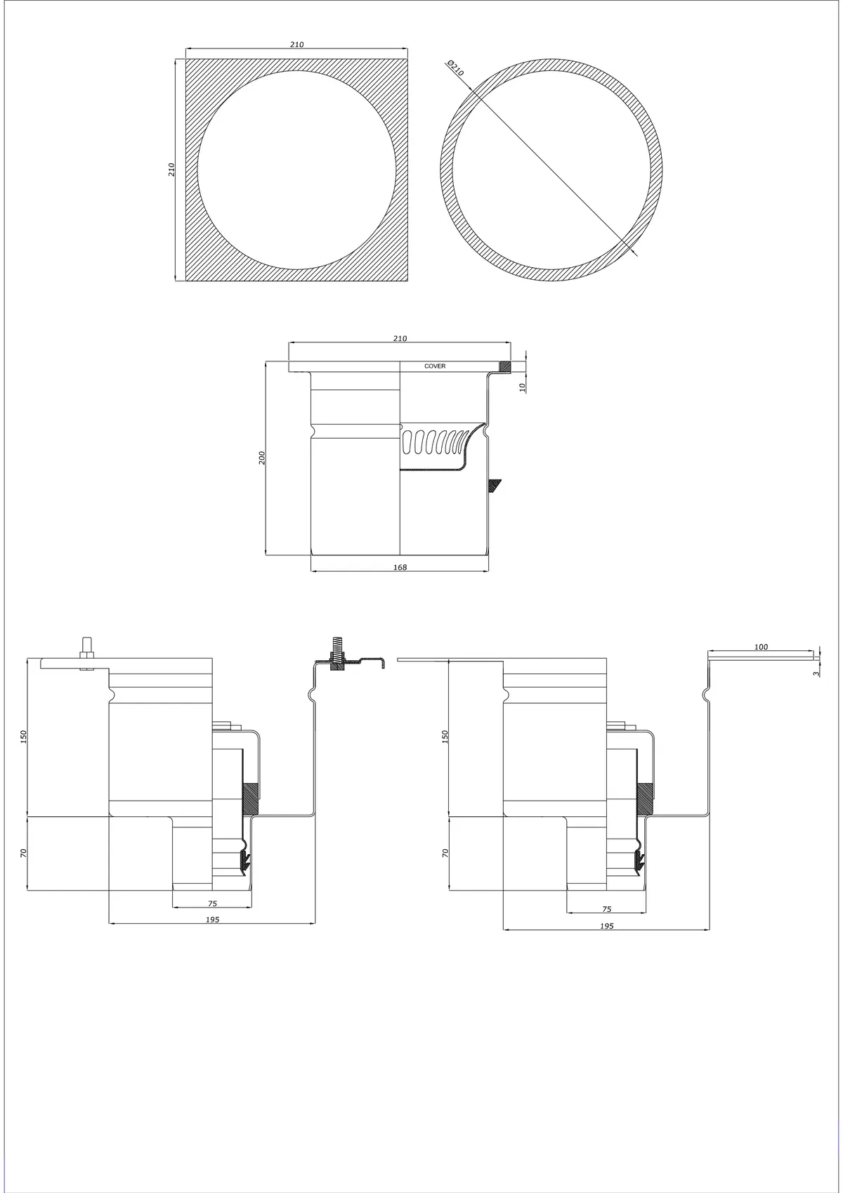 Gulvafløb BK_KRDO 210/210x210 DN 75 - Todelt vertikal - Rund/Firkantet version