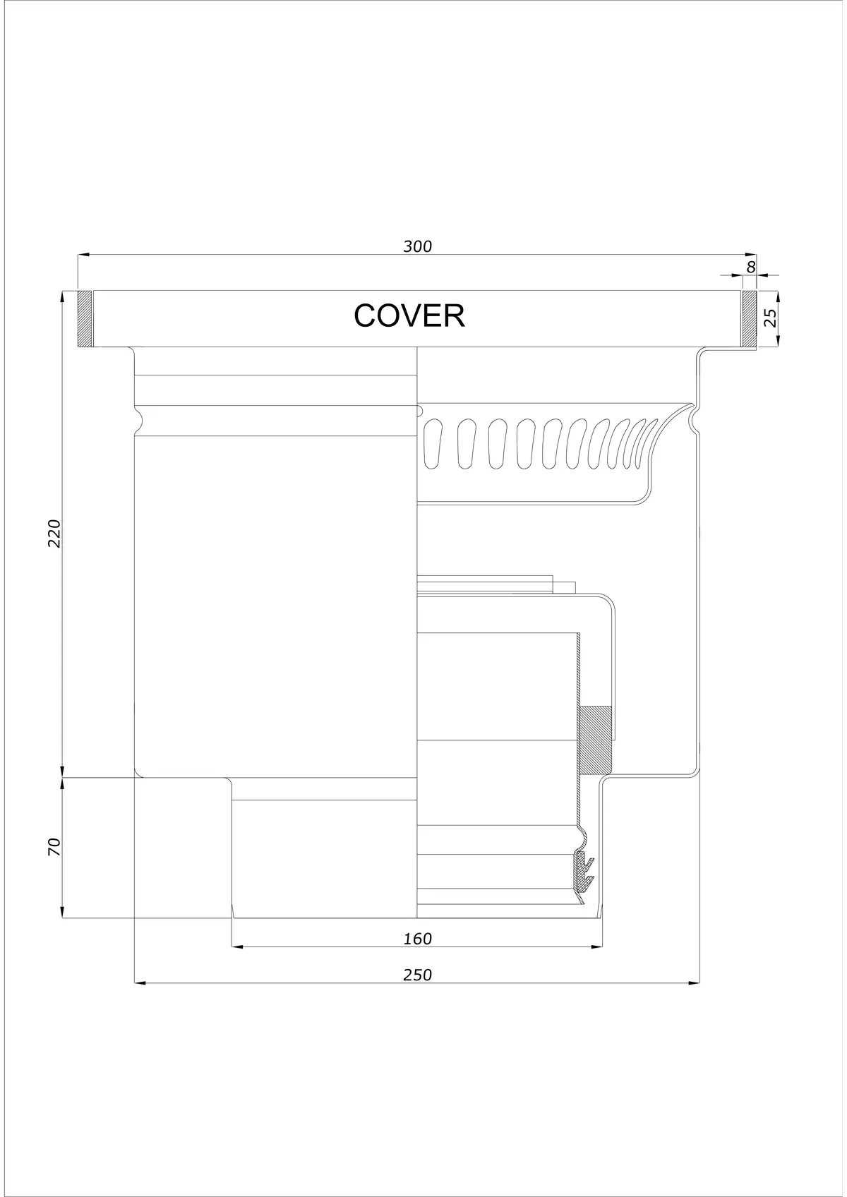 Gulvafløb BK_KROD 300 DN 160 med kant 25x8mm - Enkeltstykke vertikal