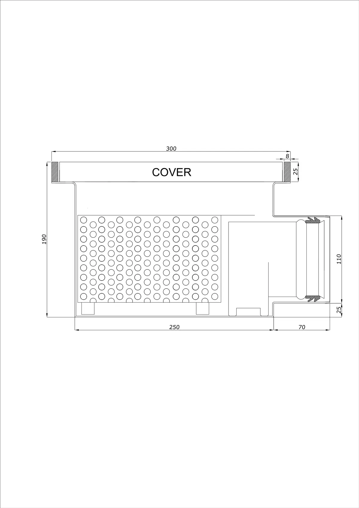 Gulvafløb BK_KROB 300 DN 110 med kant 25x8mm - Enkelt horisontal