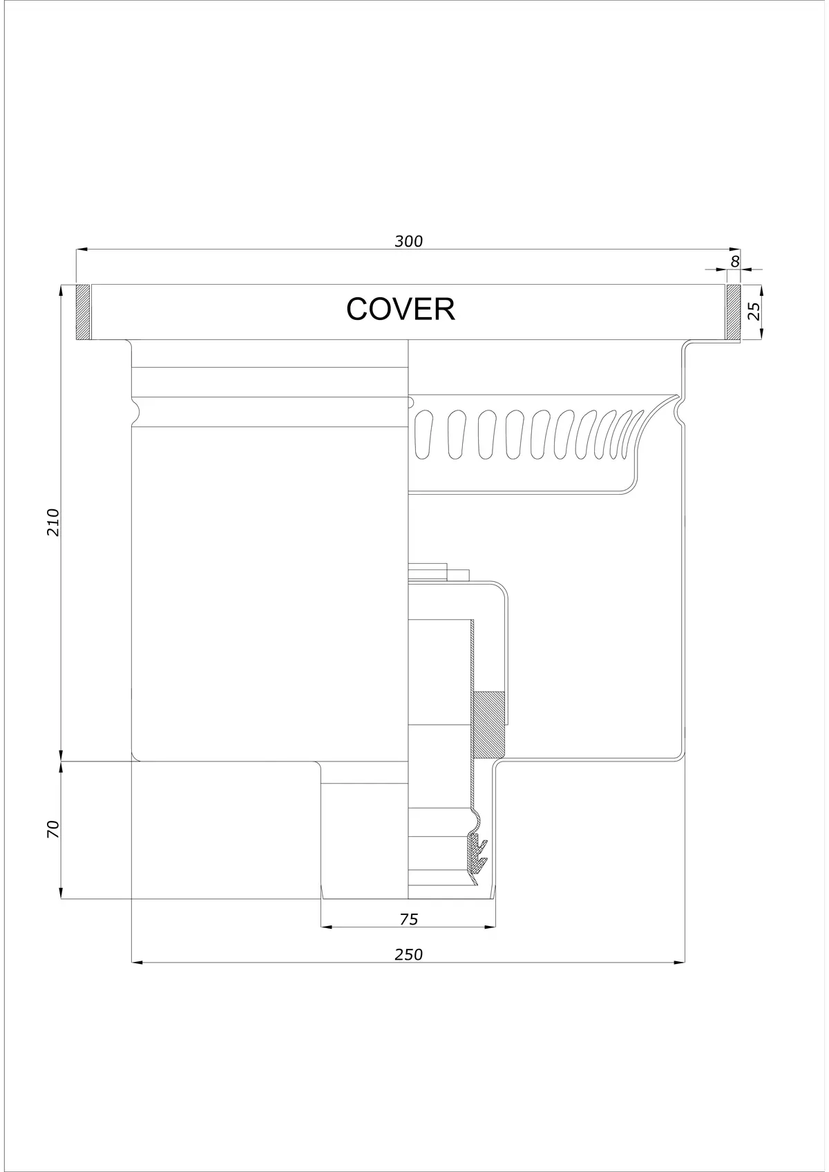 Gulvafløb BK_KROD 300 DN 75 med kant 25x8mm - Enkelt lodret afløb