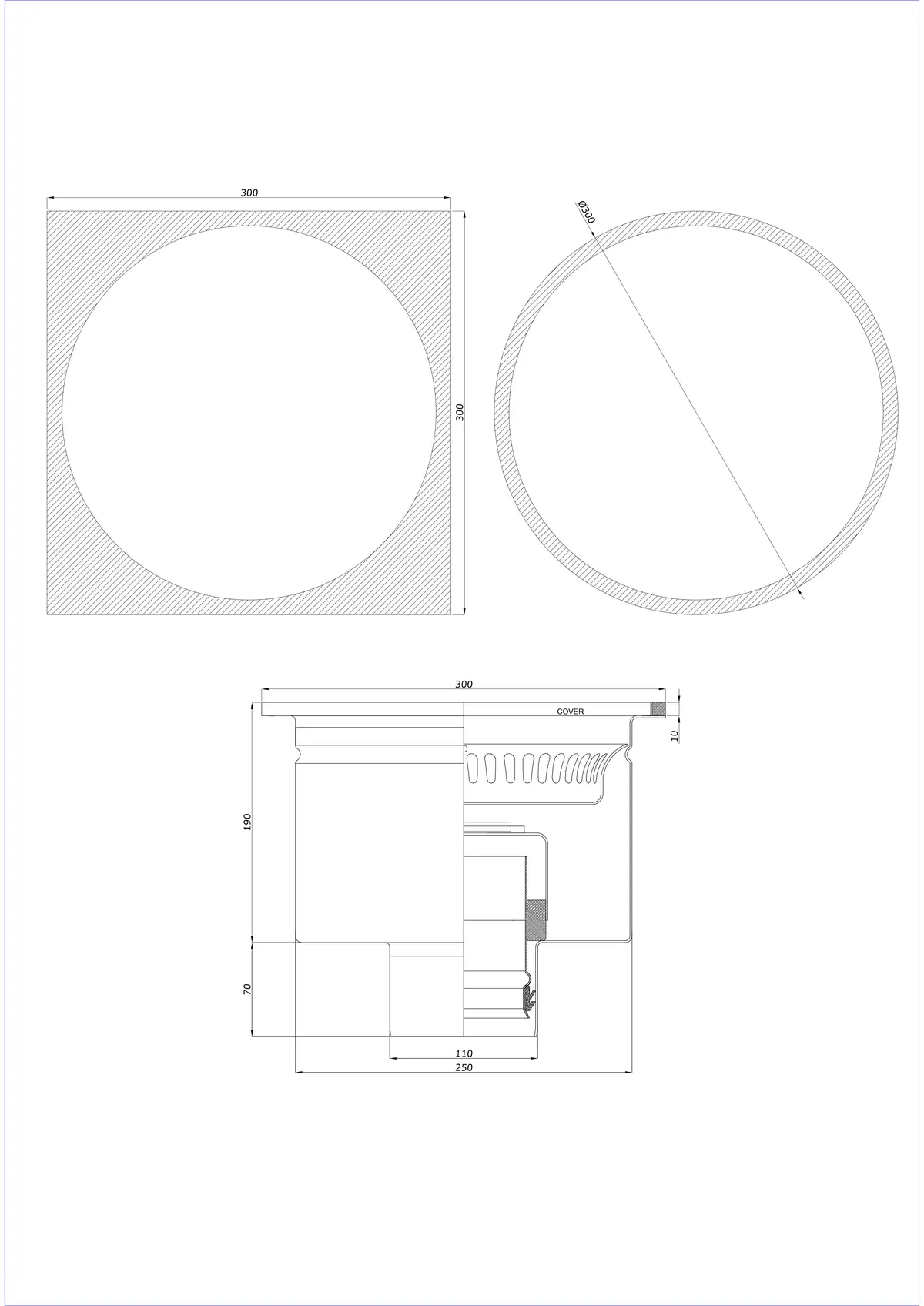 Gulvafløb BK_KRDO 300/300x300 DN 110 - Enkeltlodret - Rund/Firkantet Version