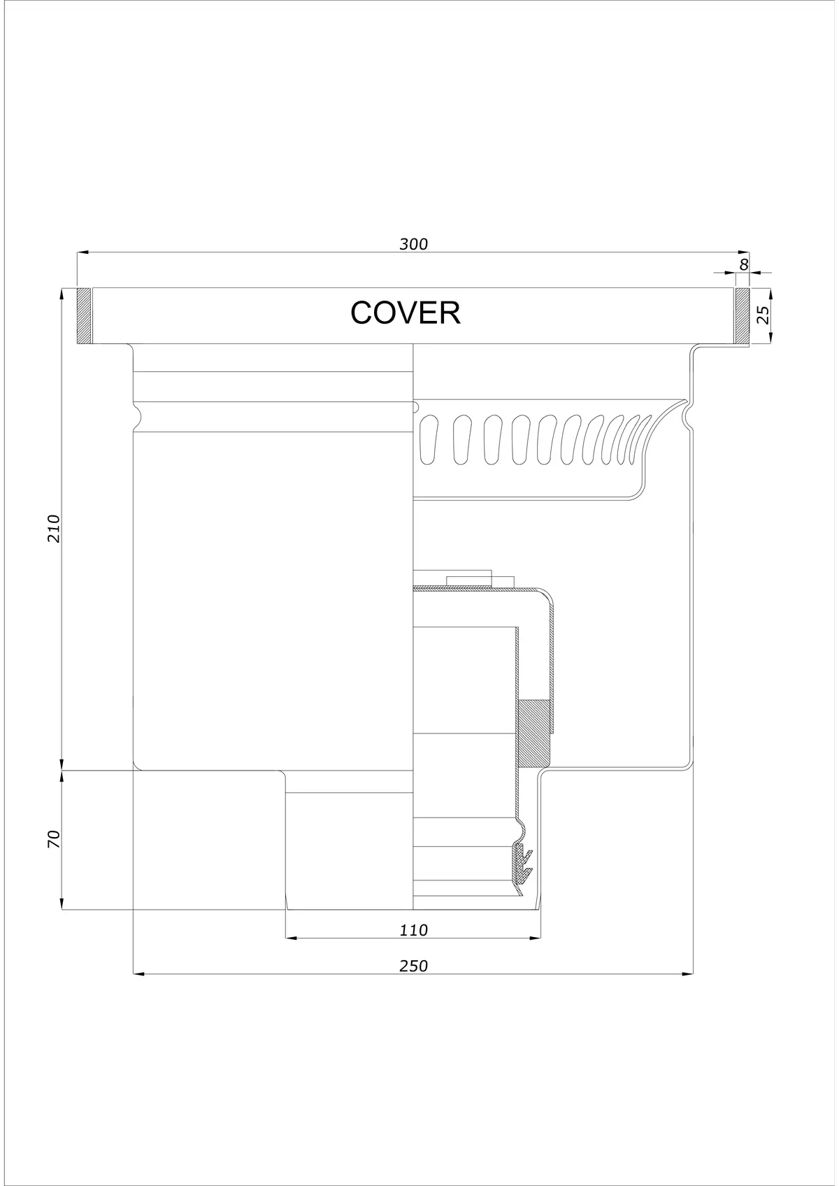 Gulvafløb BK_KROD 300 DN 110 med kant 25x8mm - Enkeltstående lodret afløb