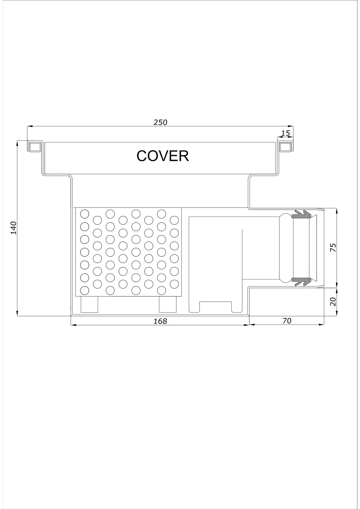 Gulvafløb BK_KRB 250x250 DN 75 - Enkelt Horisontal