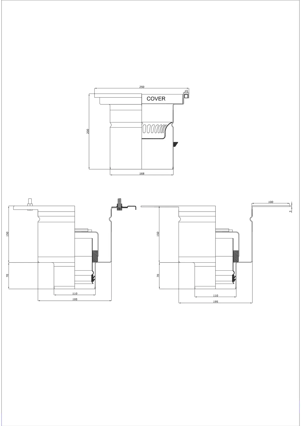 Gulvafløb BK_KRD 250x250 DN 110 - Todelt Vertikal
