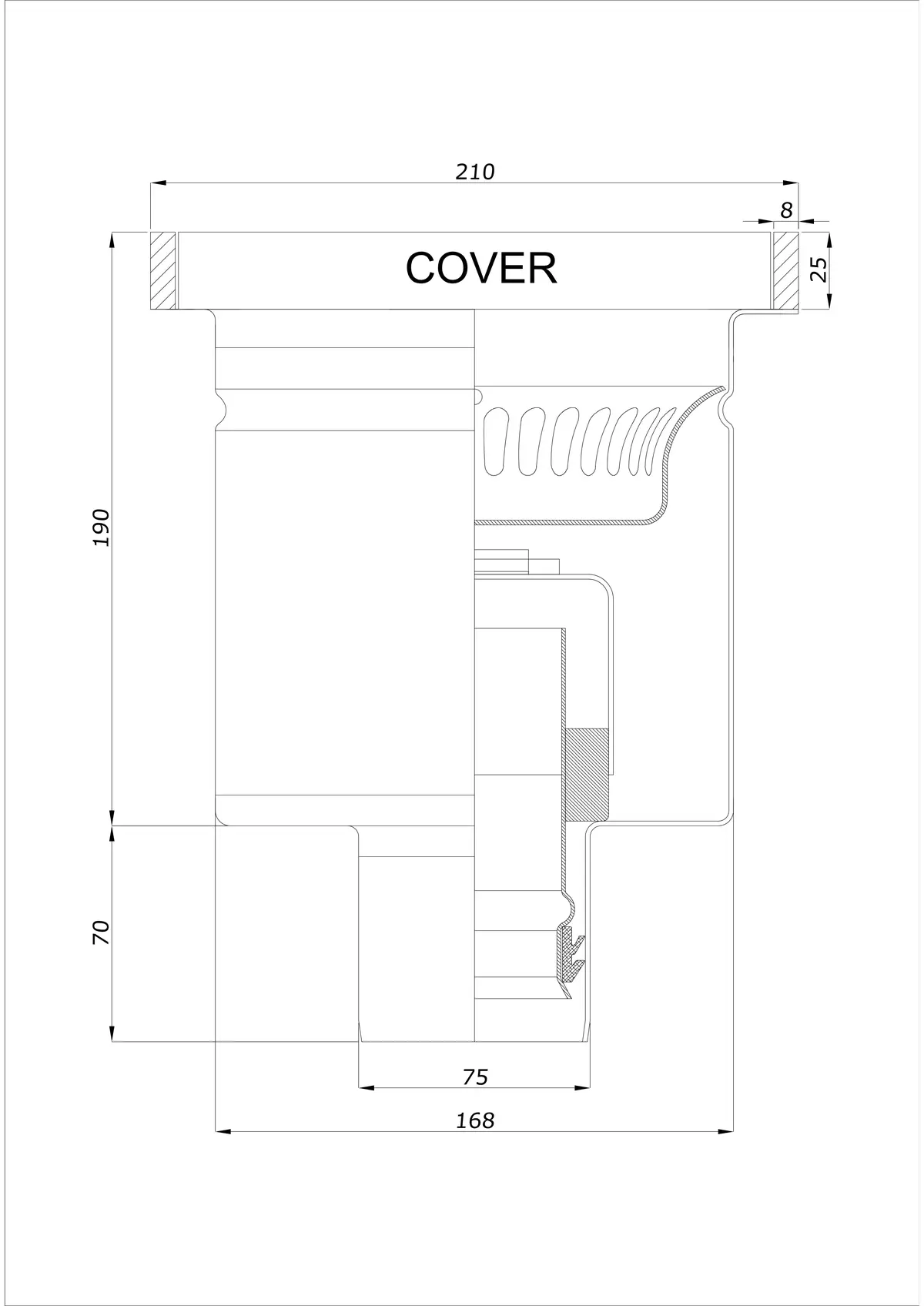 Gulvafløb BK_KROD 210 DN 75 med kant 25x8mm - Enkelt lodret afløb