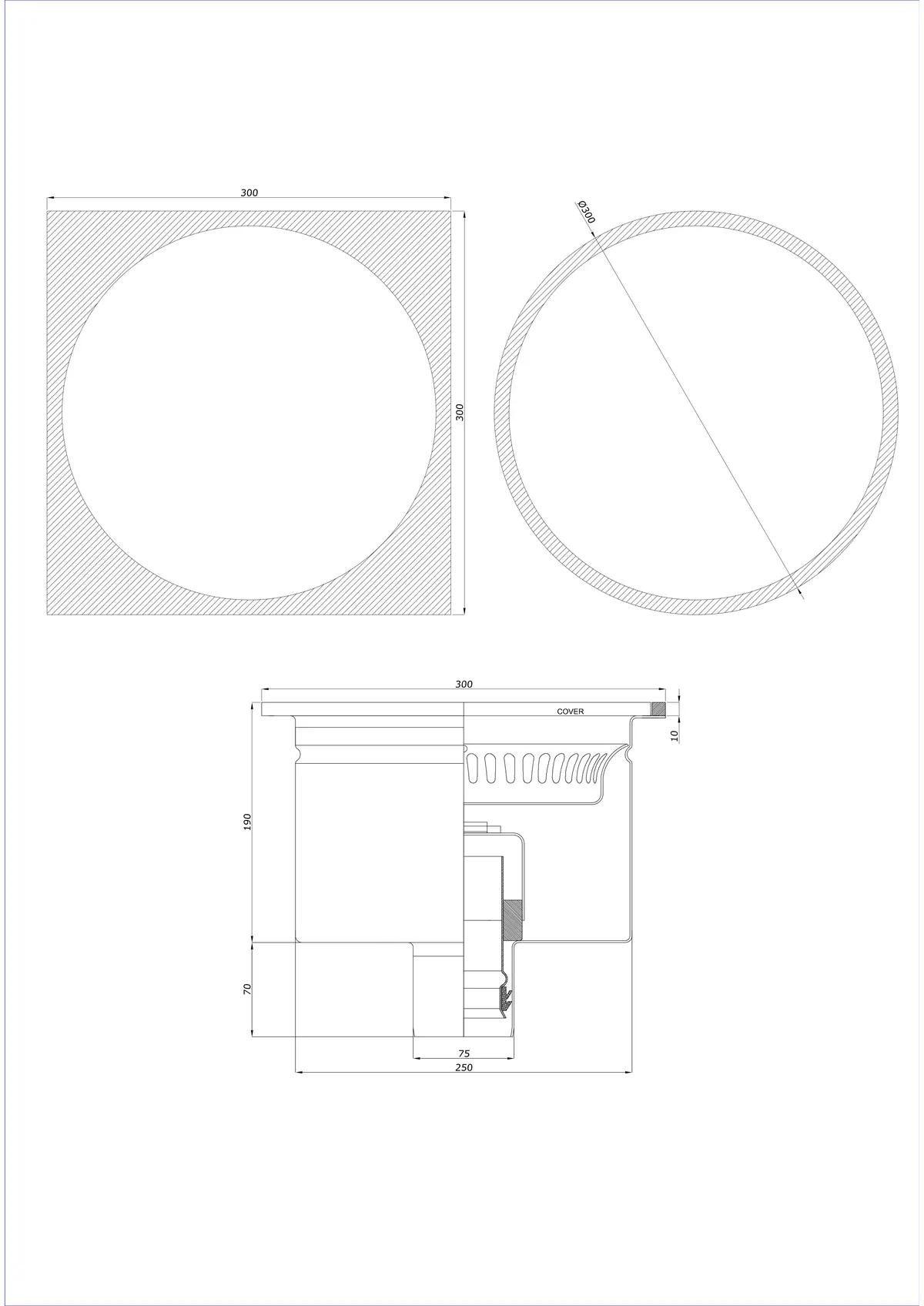 Gulvafløb BK_KRDO 300/300x300 DN 75 - Et-stykke lodret - Rund/Firkantet version