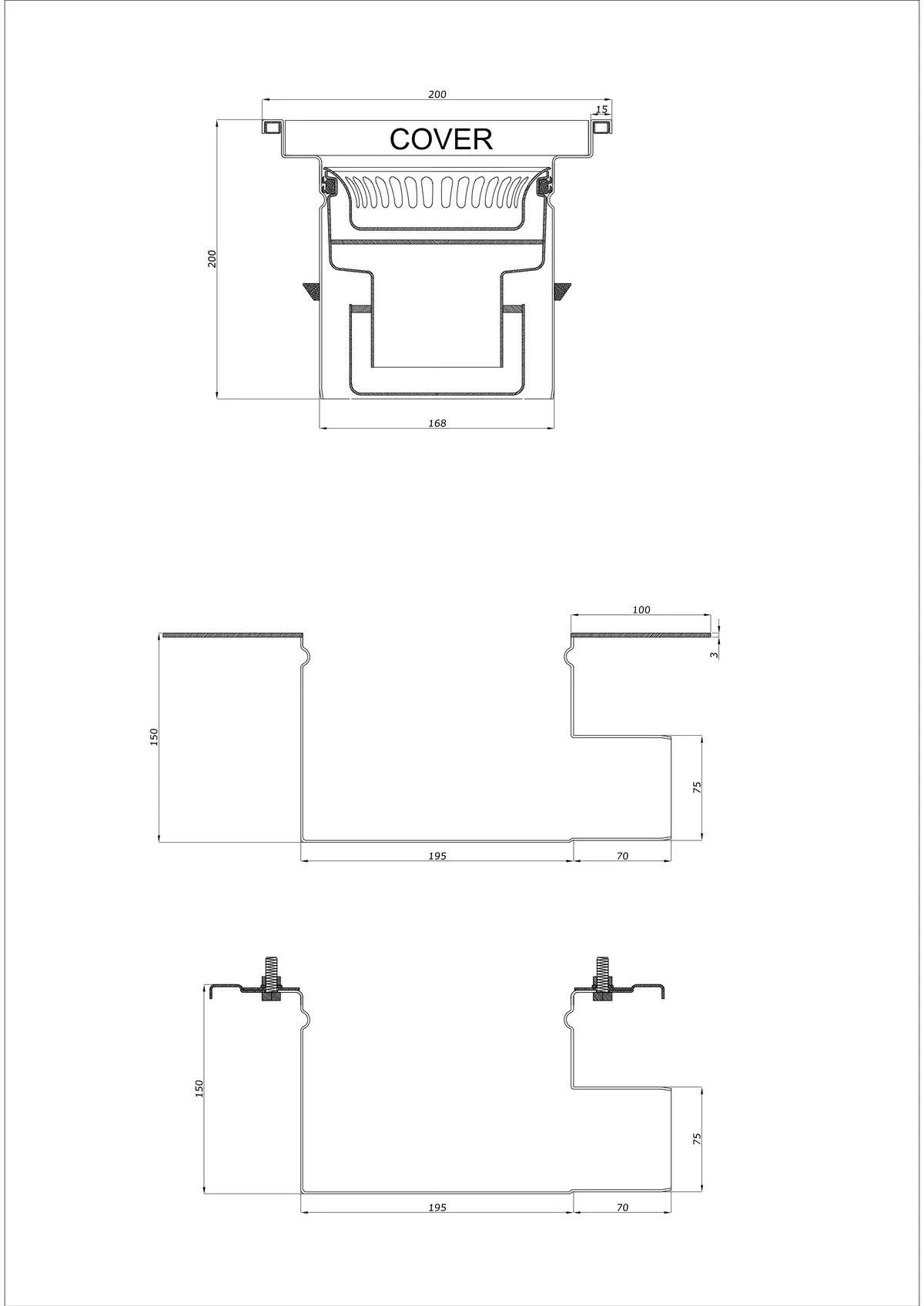 Gulvafløb BK_KRB 200x200 DN 75 - Todelt Horisontal