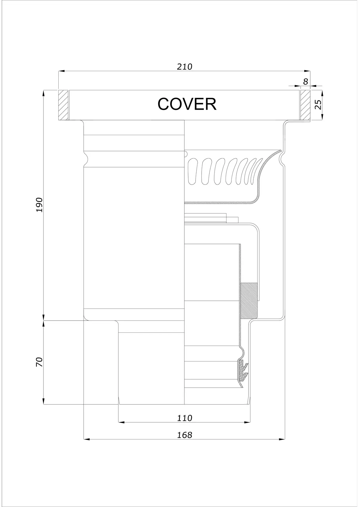 Gulvafløb BK_KROD 210 DN 110 med kant 25x8mm - Ét-stykke vertikal