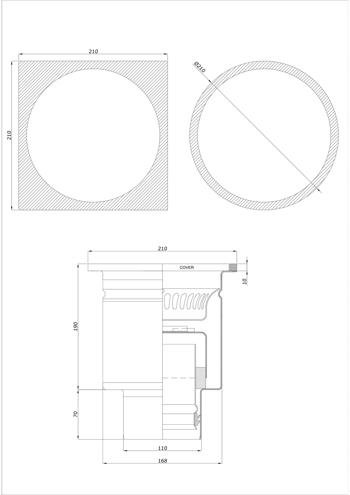 Gulvafløb BK_KRDO 210/210x210 DN 110 - Ét stykke vertikal - Rund/Firkantet version