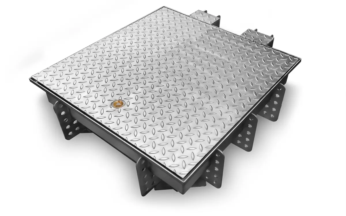 Rustfrit stål inspektionsluge 800x800 med låg af riflet plade