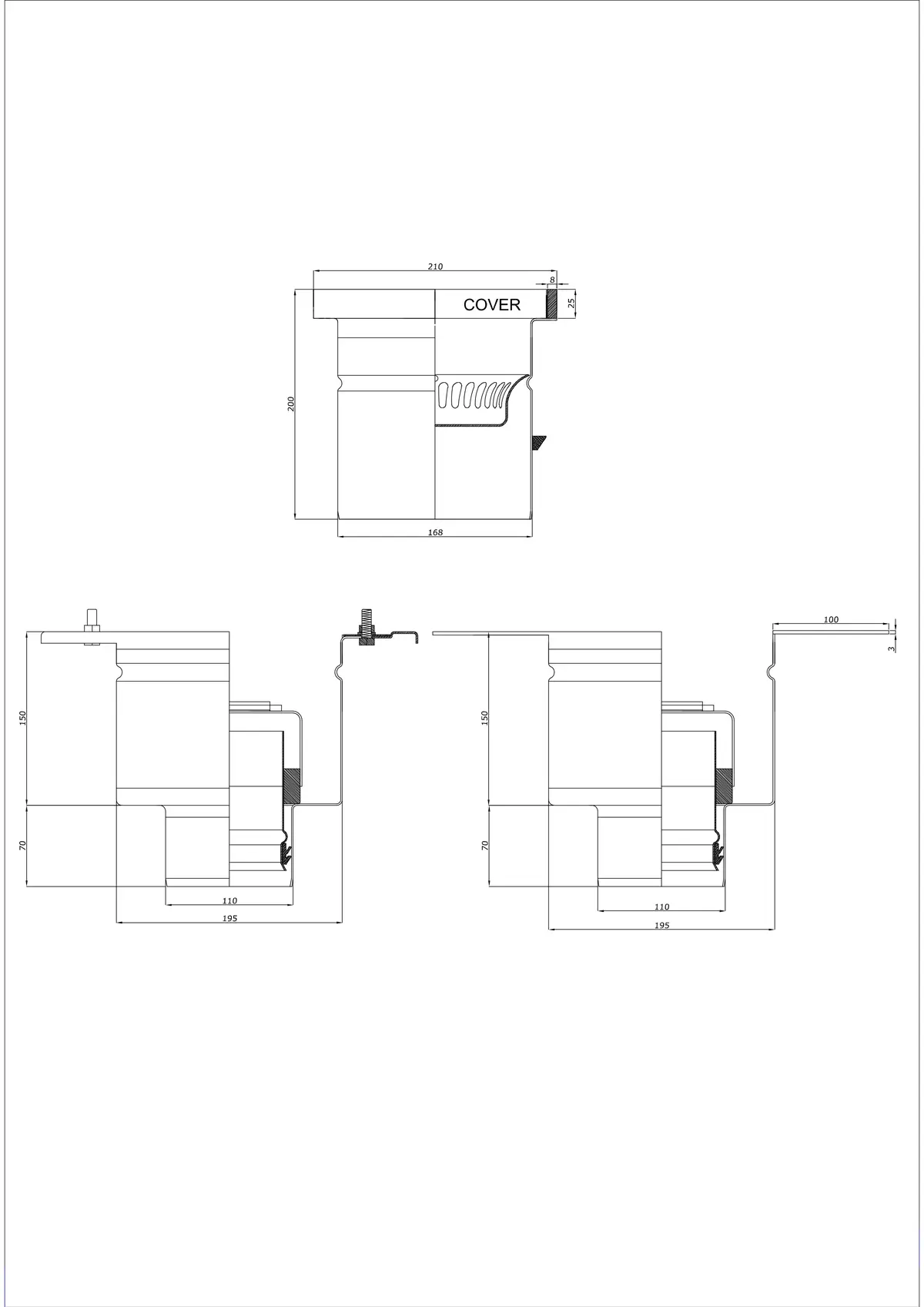 Gulvafløb BK_KROD 210 DN 110 med kant 25x8mm - Todelt vertikal afløb