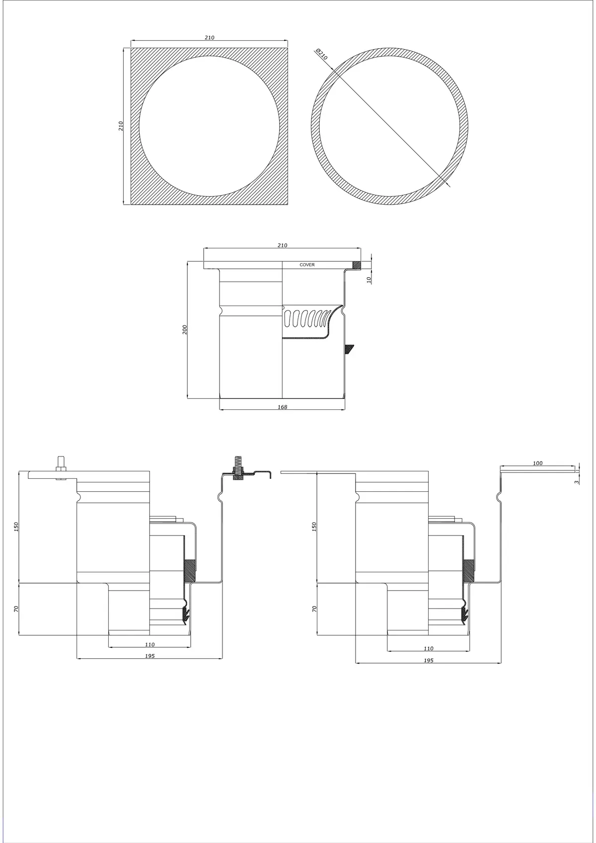 Gulvafløb BK_KRDO 210/210x210 DN 110 - Todelt Vertikal - Rund/Firkantet Version
