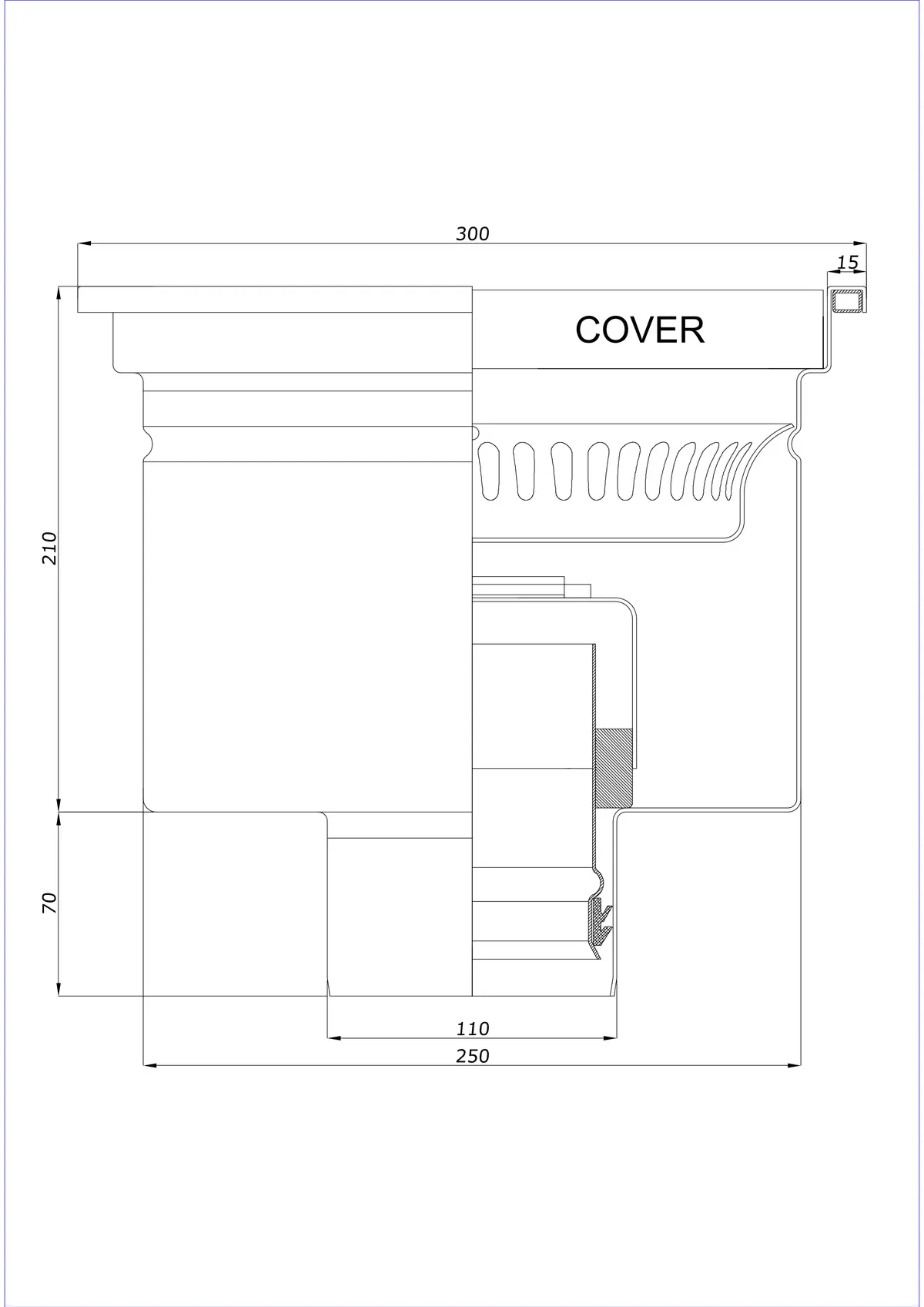 Gulvafløb BK_KRD 300x300 DN 110 - Enkeltstykke vertikal
