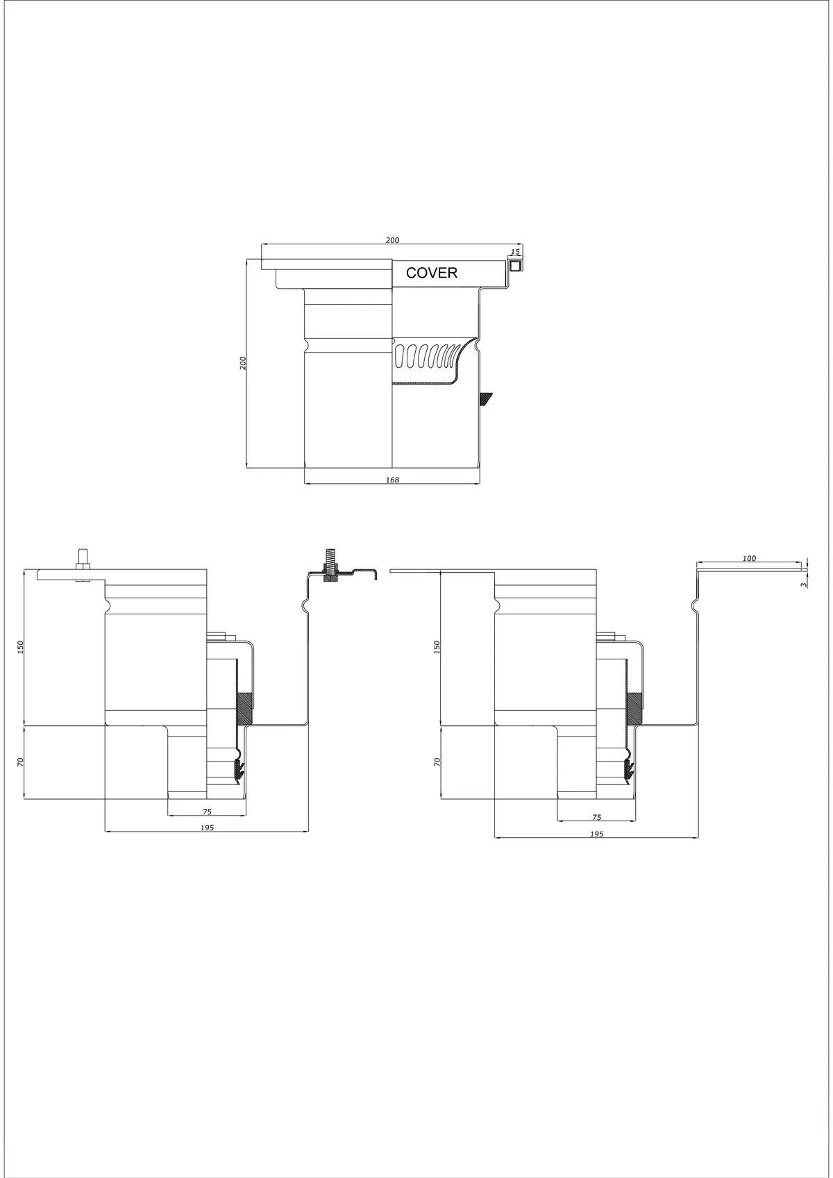 Gulvafløb BK_KRD 200x200 DN 75 - Todelt vertikal