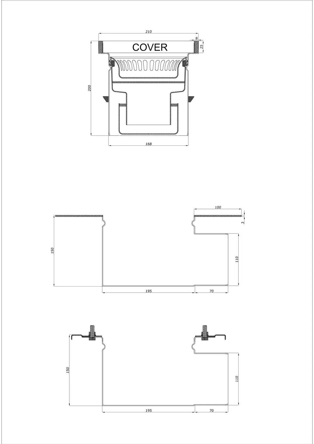 Gulvafløb BK_KROB 210 DN 110 med kant 25x8mm - Todelt vandret