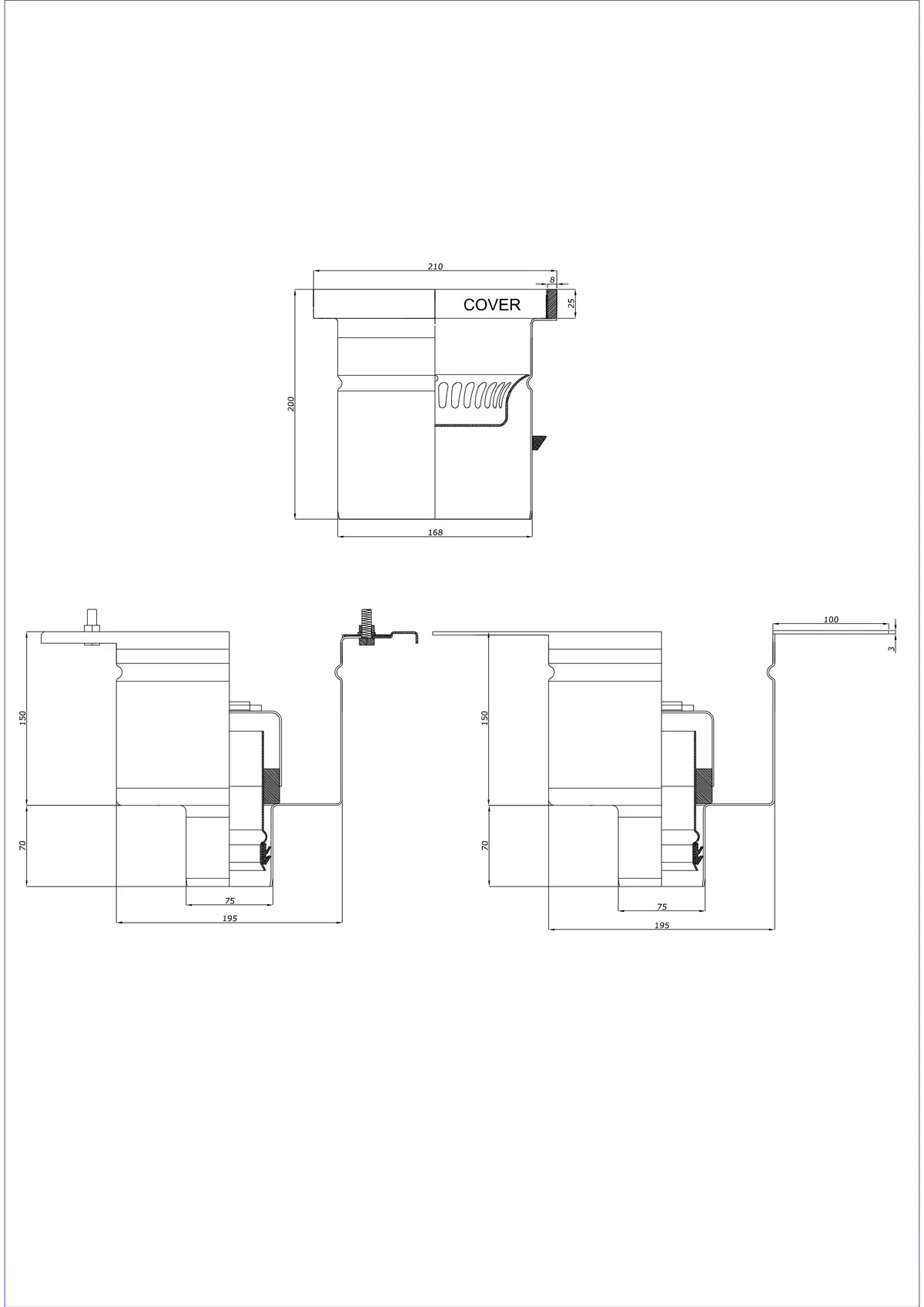 Gulvafløb BK_KROD 210 DN 75 med kant 25x8mm - Todelt vertikal